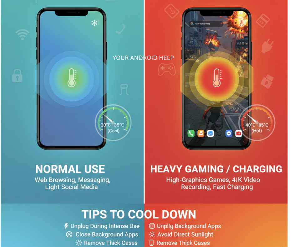 Image showing a comparison of phone temperature during normal use vs heavy gaming with tips to cool down